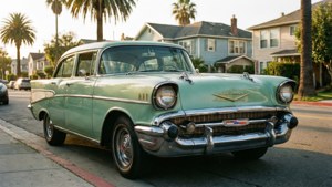 'n Klassieke mintgroen Chevy Bel Air in 'n sonnige retro-woonbuurt — Retro estetika Muurpapier