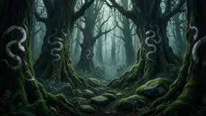 'n Mistieke bos met Slytherin-elemente wat in die natuur weggesteek is. — Slytherin estetiek Muurpapier