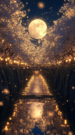 kersiebloeisel,nag,maanlig,rivier,betowerend,lantaarns,blomme,japan,rustig,romanties,lente,feestelik,weerspieëling,magies,droomagtig — Japan GIF Muurpapier