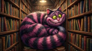 Cheshire Cat wat deur 'n magiese biblioteek sluip. — Cheshire Cat Muurpapier