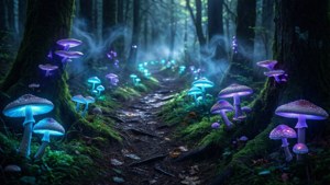 'n Kronkelende paadjie deur 'n donker bos met gloeiende sampioene en biolumineserende lig. — Donker woud Muurpapier