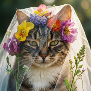 Katgesig agter 'n sluier van kleurvolle blomme — Galaxy Watch Muurpapier
