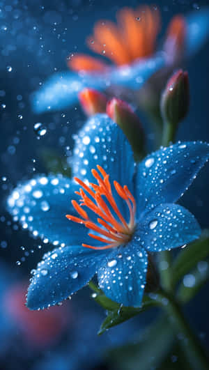 blou, blom, kroonblare, oranje, meeldrade, druppels, blom, lewendig, natuur, nabyfoto