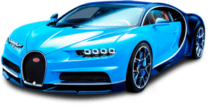 Blou Bugatti Chiron Sy-aansig