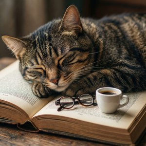 'n Kat wat op 'n boek slaap met 'n bril en koffie. — Kat Muurpapier