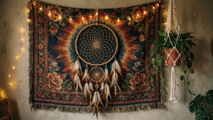 Boheemse tapisserie met droomvanger en feetjiesliggies. — Indie estetiese GIF Muurpapier