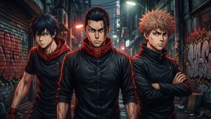 'n Dramatiese groep-agtergrond van Mikey, Draken en Takemichi van Tokyo Revengers in 'n donker stegie. — Tokyo revengers Muurpapier