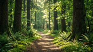 'n Rustige groen bospad wat in sonlig gebaai word, perfek vir natuurliefhebbers. — Groen estetiese GIF Muurpapier