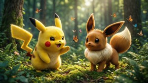 Pikachu en Eevee geniet 'n speelse dag in die bos. — Pikachu Muurpapier