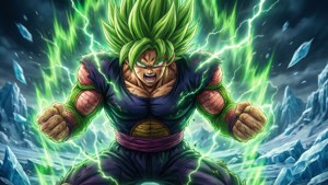 'n Dramatiese uitbeelding van Broly in sy Legendariese Super Saiyan-vorm, wat krag uitstraal te midde van ys en vernietiging. — Dragon ball super broly Muurpapier