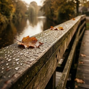 Makroskoot van houtbrugreling in Meppel met dou en blare. — Pixel Watch 5 Muurpapier