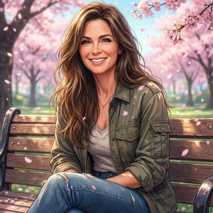 Maria Ross geniet 'n rustige dag in die park, glimlaggend in gemaklike klere. — Pixel Watch 4 Muurpapier