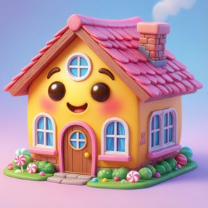 'n Chibi-styl huis-emoji met oulike verhoudings en lekkergoedkleure. — Tecno Phantom Muurpapier