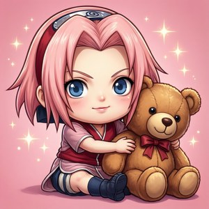 Oulike chibi Sakura met haar groot teddybeermaat. — Infinix Zero Muurpapier