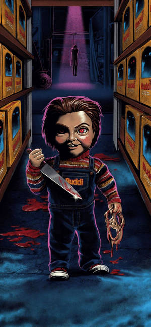Chucky Child's Play 2019-plakkaat-agtergrond — iPhone 13 Mini Muurpapier