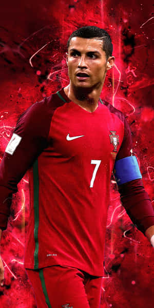 Cristiano Ronaldo wat 'n kragtige skop op die veld gee