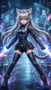 'n Toekomstige katmeisie in 'n cyberpunkstad — Anime kat Muurpapier