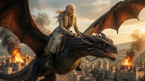 Daenerys Targaryen vlieg met Drogon oor die brandende Koningslanding