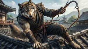 Wolf swaai met sy gryphaak oor Ashina se dakke in 'n dinamiese aksietoneel. — 1366x768 Muurpapier
