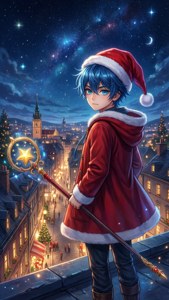 Anime-seun met Kersvaderhoed op dak met sterstaf — Anime kersfees Muurpapier