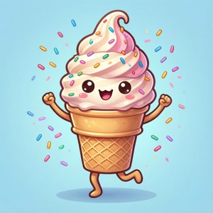 Snaakse kawaii-roomyskeël wat dans met strooisels. — Kawaii Muurpapier