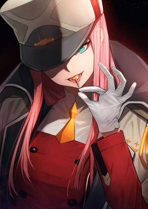 Zero Two portret wat 'n lekkerbek vashou muurpapier — OnePlus Pad 3 Muurpapier