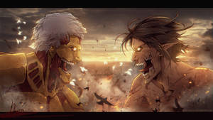 Gepantserde Titaan wat die Aanvaltitaan in die gesig staar tydens die Slag van Shiganshina in Attack on Titan-agtergrond.