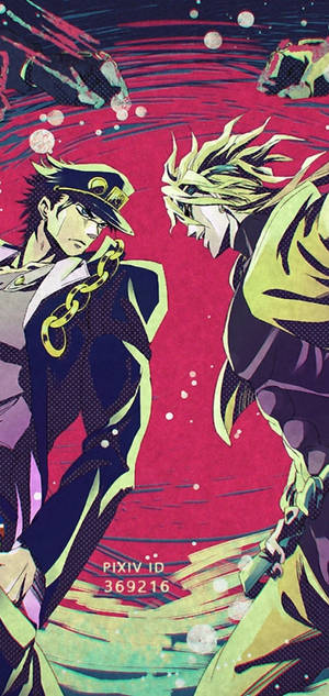 JoJo's Bizarre Adventure Jotaro Kujo vs Dio Brando agtergrond — iPhone 11 Pro Max Muurpapier