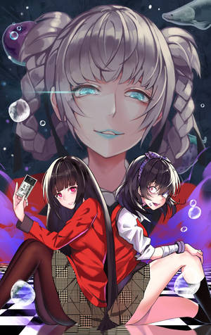 Kakegurui-agtergrond van Yumeko wat 'n kaart vashou terwyl sy op die vloer sit, rug-aan-rug met Midari wat 'n oogpleister dra. — Redmi Pad 2 9.7 Muurpapier