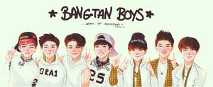 BTS Bangtan-seuns spotprent-kuns in oulike agtergrond.