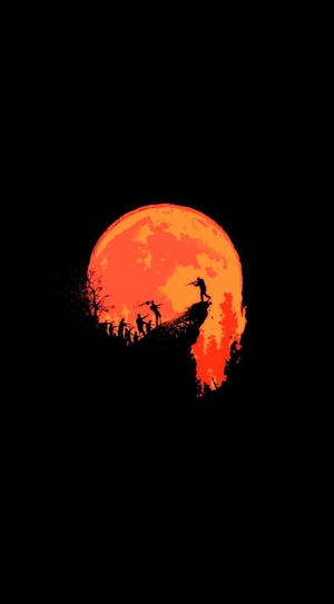 AMOLED-agtergrond van 'n krans en gewapende mans se silhoeët in 'n oranje maan-agtergrond.