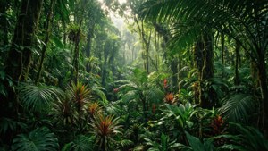 'n Digte tropiese oerwoud met uiteenlopende groen skakerings wat avontuur en misterie oproep. — Groen estetiese GIF Muurpapier