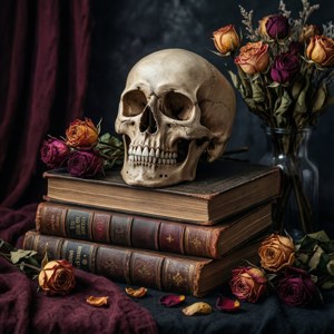 Donker akademie stillewe met skedel en rose vir 'n geleerde estetiek. — Halloween estetiek Muurpapier
