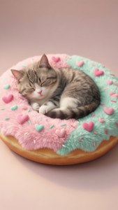Pusheen wat in 'n donutvormige bed slaap, 'n oulike kawaii-agtergrond vir katliefhebbers. — iPhone 7 Plus Muurpapier
