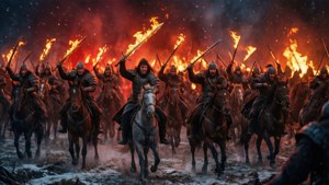 Dothraki-krygers val die Leër van die Dood aan met vlammende swaarde
