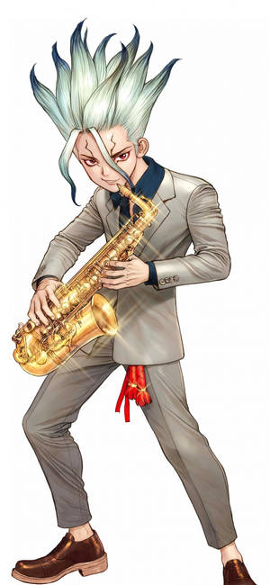 Dr Stone Senku-musikant-agtergrond — iPhone 14 Pro Muurpapier
