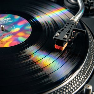 'n Makro-opname van 'n vinielplaat met kleurvolle ligweerkaatsings. — Musiek estetika Muurpapier