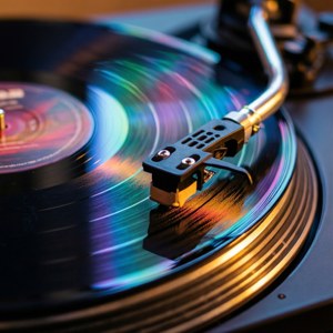 Makroskoot van platespeler met kleurvolle ligweerkaatsings. — Musiek estetika Muurpapier