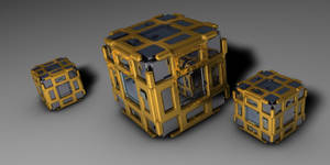 Drie 3D grys blokkies met goue aksent ontwerp agtergrond