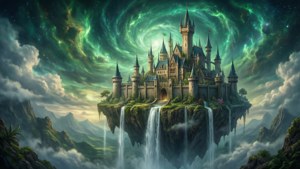 'n Fantasiekasteel dryf tussen wolke onder 'n kosmiese groen newelhemel. — Groen lug Muurpapier