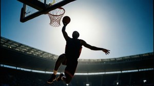 Silhoeët van 'n speler wat 'n slam dunk onder helder stadionligte uitvoer. — Basketbal GIF Muurpapier