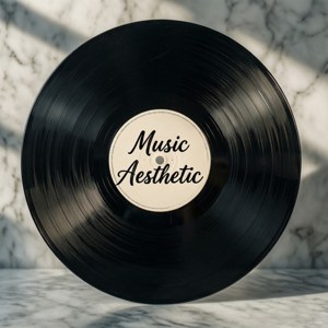 Vinielplaat met 'Music Aesthetic' teks op marmer minimaal. — Musiek estetika Muurpapier
