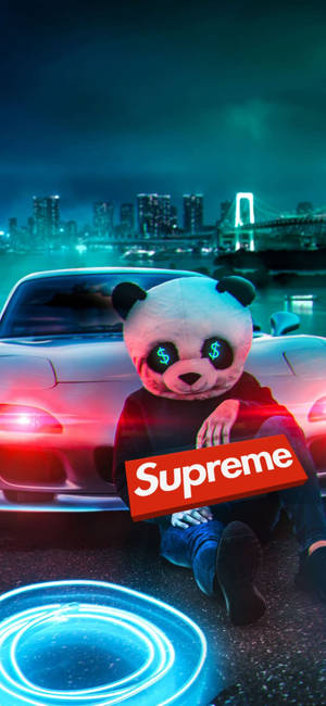 Rooi Supreme Op Panda-agtergrond — iPhone 12 Muurpapier