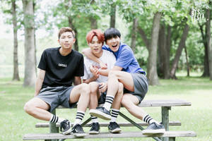 Estetiese BTS-trio op Parkbank — Estetiese bts Muurpapier