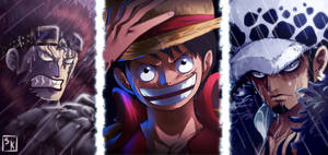 Eustass Kid, Law, En Luffy Glimlag — Een stuk lessenaar Muurpapier