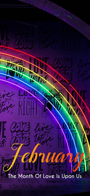Februarie met Neon-reënboog-agtergrond — iPhone 17 Pro Max Muurpapier