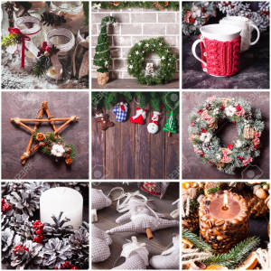 Feestelike Kersfees-kollas in Tradisionele Vakansiekleure — Kersfees collage Muurpapier