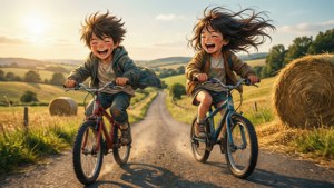 Anime-kinders ry fiets teen 'n heuwel af in die platteland tydens goue uur. — Anime kinders Muurpapier