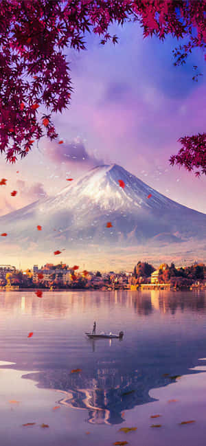 Fuji-piek met Meer en Vallende Blare — Vivo V Muurpapier