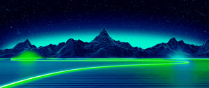 Synthwave-kuns van neon blou en groen landskapmuurpapier.